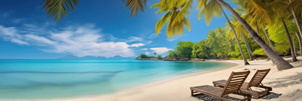 Tropical beach background with sun loungers and palm trees. Wide format banner AI