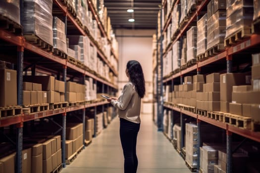 Young woman worker using digital tablet checking in warehouse.