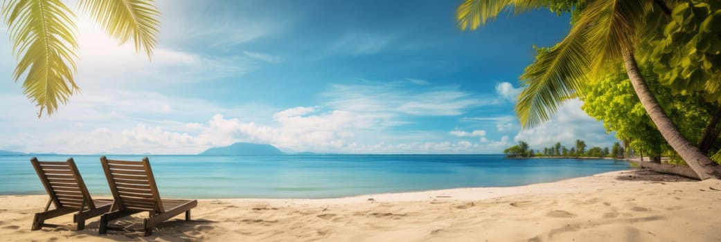 Tropical beach background with sun loungers and palm trees. Wide format banner AI
