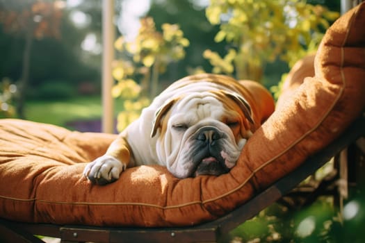 Cute English bulldog lying in a comfortable spot.