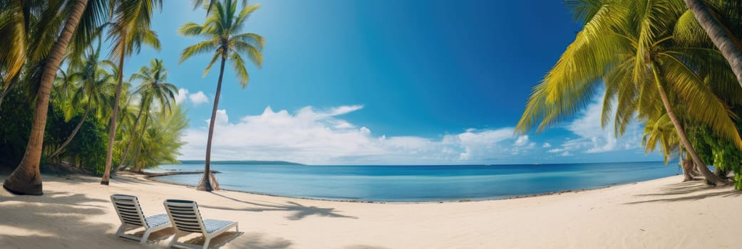 Tropical beach background with sun loungers and palm trees. Wide format banner AI