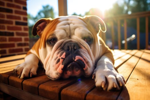 Cute English bulldog lying in a comfortable spot.