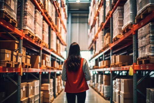 Young woman worker using digital tablet checking in warehouse.