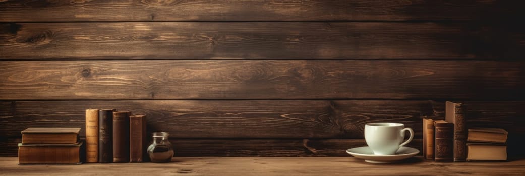 Wood texture background with books and cups of coffee. Wide format banner AI
