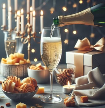 Gifts, candles and light snacks on the holiday table. Sparkling wine is poured into a glass