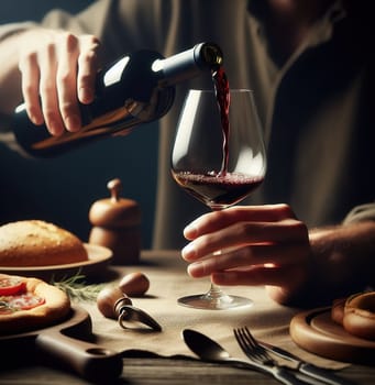 Dinner is on the table. Man pours red wine from a bottle into a glass goblet