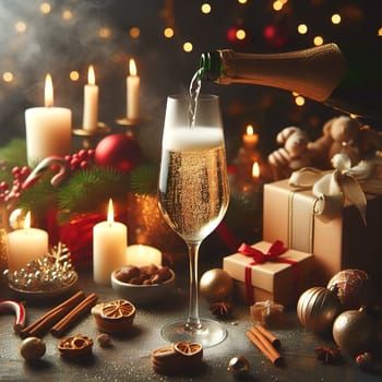 Candles and decorations on the Christmas table. Sparkling wine is poured into a glass