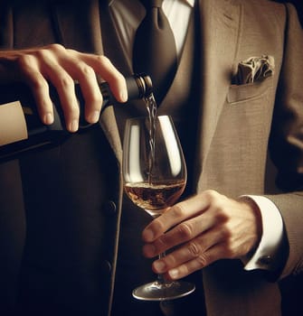 A man in a brown suit and tie pours wine from a bottle into a glass