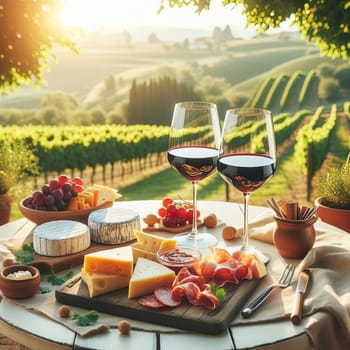 Outdoor terrace overlooking summer vineyards at sunset. Table with meat and cheese snacks and grapes. Two glass glasses with red wine