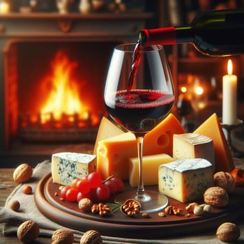 A table with cheese, grapes, nuts and a burning candle against the backdrop of a burning fireplace out of focus. Two glass glasses with red wine