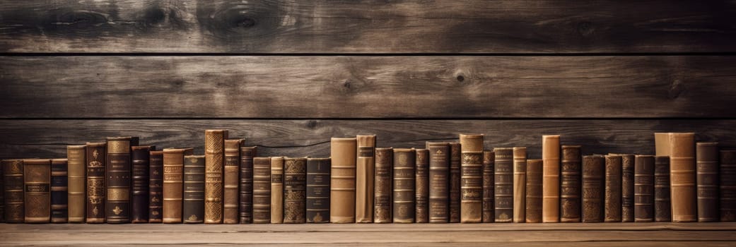 Wood texture background with retro books. Wide format banner AI