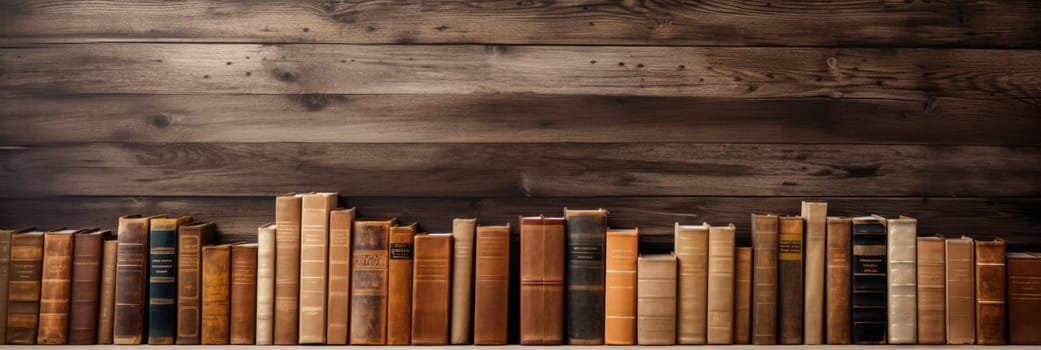 Wood texture background with retro books. Wide format banner AI