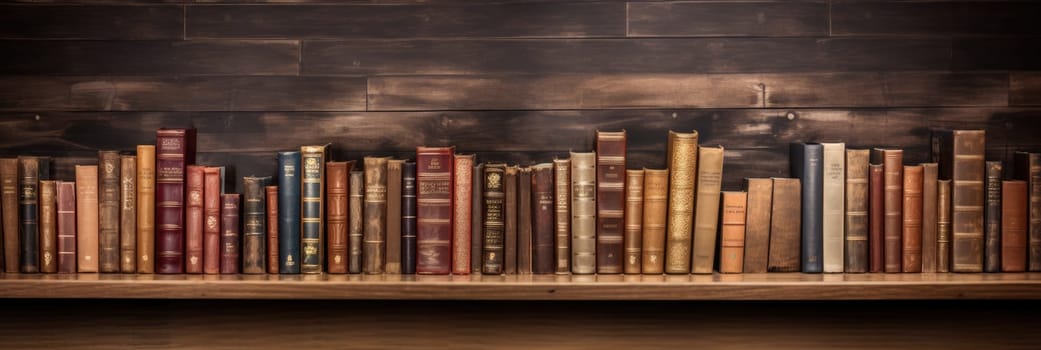 Wood texture background with retro books. Wide format banner AI