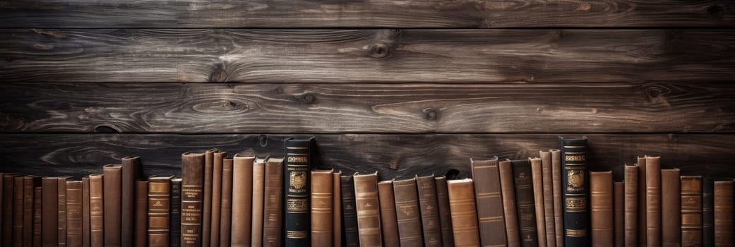 Wood texture background with retro books. Wide format banner AI