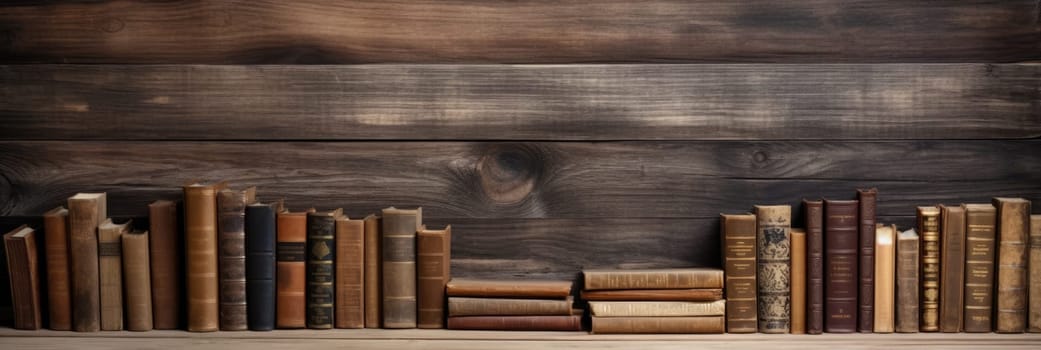 Wood texture background with retro books. Wide format banner AI