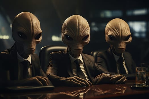 Aliens in business suits are sitting at the negotiating table.