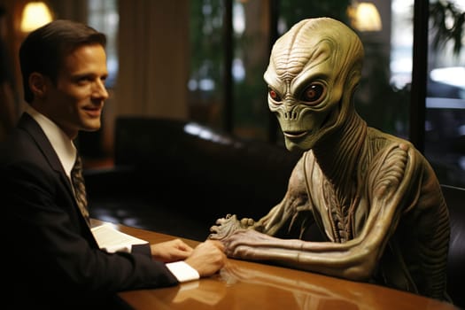 An alien is interviewing a businessman.