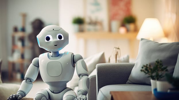 A cute robot assistant against the background of a living room in a bright apartment. AI