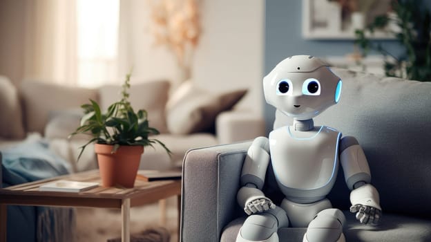 A cute robot assistant against the background of a living room in a bright apartment. AI