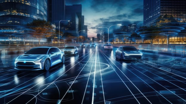 Driverless car. Autonomous cars on the road using AI technologies
