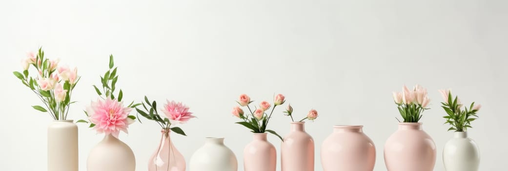 Soft home decor for interior. Light background with flower vases. Wide format banner AI