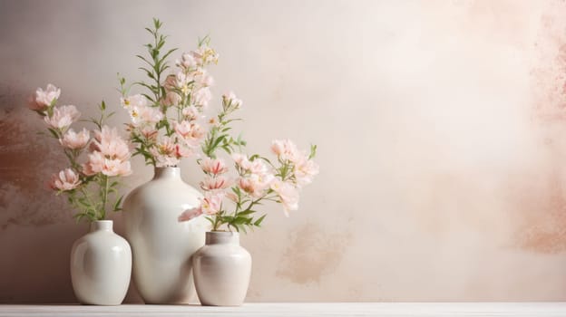 Soft home decor for interior. Light background with flower vases AI