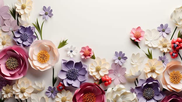 White background with beautiful paper flowers on it. Paper cut out style