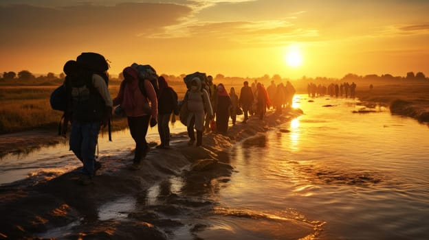 Migrants crossing the border on foot, defocused AI
