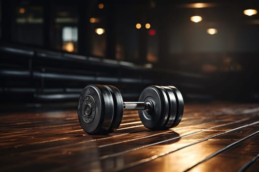 Dumbbells for fitness training on a wooden floor. Power training.