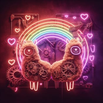 steampunk neon alpaca love valentines day love rusty background illustration generative ai art