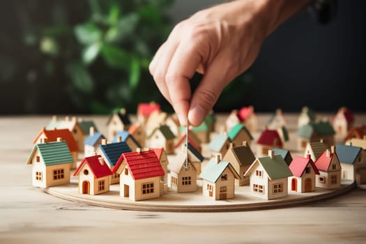 A man's hand over wooden house models. The concept of searching, buying a home.