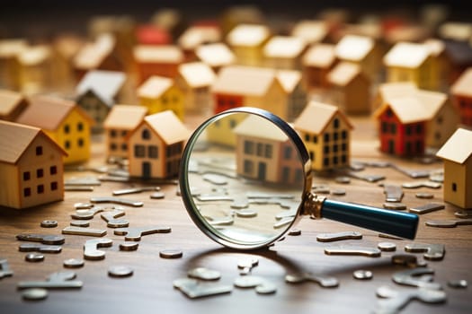 Small house under a magnifying glass. The concept of searching for housing and apartments.