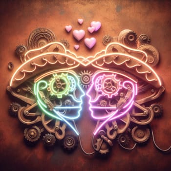 steampunk bee king and queen in love neon sign valentines illustration concept rusty background generative ai art