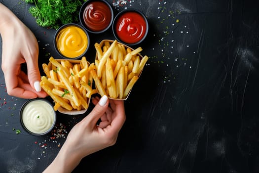 Woman hand enjoying French fries dipped in various tasty sauces.
