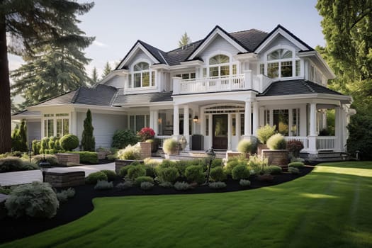 A classic American country house with a green lawn in front of the house.