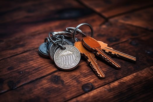 A bunch of keys from a new house on a wooden surface.