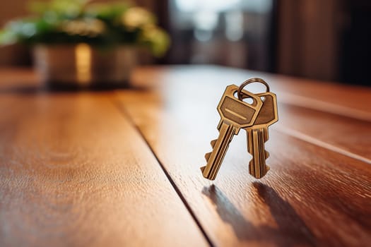 Two golden keys are on a wooden table with a bokeh background.