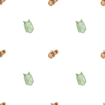 Watercolor pattern with the baby's things. Seamless illustration of cute baby clothes in pastel beige and green colors. For printing on retro and boho style children's textiles. High quality illustration