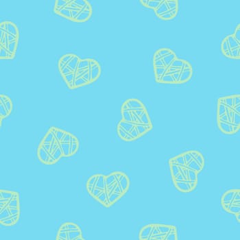 Hand Drawn Seamless Patterns with Hearts in Doodle Style. Romantic Love Digital Paper for Valentines Day. Colorful Hearts on Pastel Blue Background.