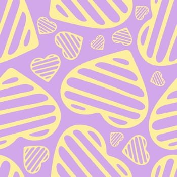 Hand Drawn Seamless Patterns with Hearts in Doodle Style. Romantic Love Digital Paper for Valentines Day. Colorful Hearts on Pastel Lavender Background.