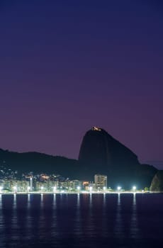 Sunset photo at Copacabana Beach with silky water effect and purple sky, featuring Sugarloaf Mountain.