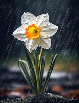 White daffodils in rain drops in a spring garden. The beauty of nature