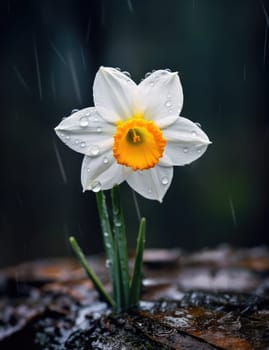 White daffodils in rain drops in a spring garden. The beauty of nature