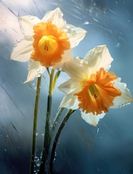 White daffodils in rain drops in a spring garden. The beauty of nature