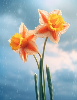 Daffodils in rain drops in a spring garden. The beauty of nature