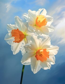 White daffodils in rain drops in a spring garden. The beauty of nature