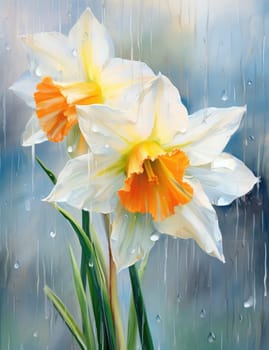 White daffodils in rain drops in a spring garden. The beauty of nature