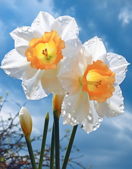 White daffodils in rain drops in a spring garden. The beauty of nature