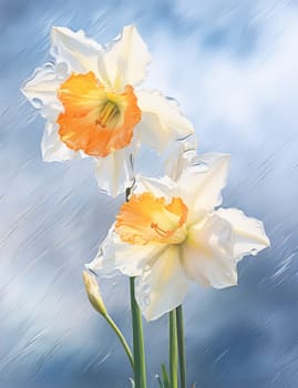 White daffodils in rain drops in a spring garden. The beauty of nature