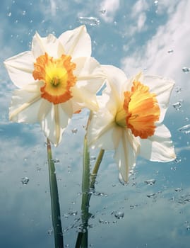 White daffodils in rain drops in a spring garden. The beauty of nature